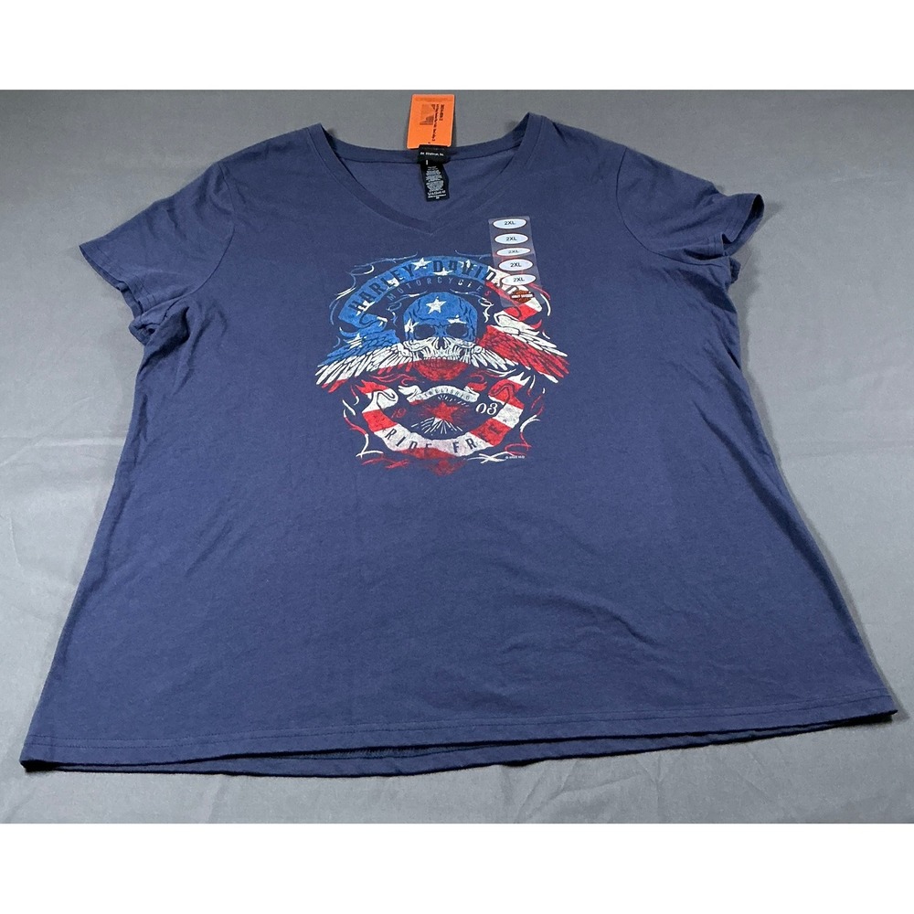 Harley Davidson Women 2XL V-Neck T-Shirt Cincinnati Ride Free Skull Graphic Navy